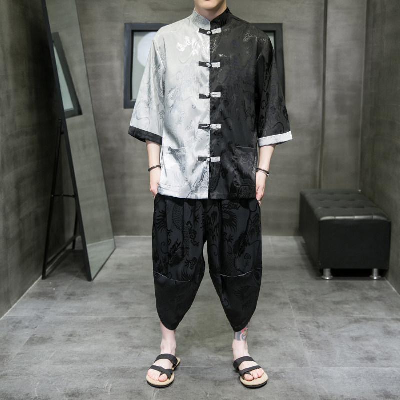 2026夏款风提花大龙面料冰丝盘扣汉服套装A3019-p90,男装休闲套装,钱塘7008(原4008)