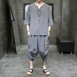 A3002*中国风2021 冰丝树皮皱 T恤+七分裤哈伦裤套装P90图片