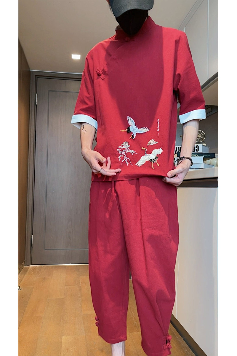 短视频风2026夏仙鹤刺绣棉麻T恤+九分裤短袖套装A736-P100,男装T恤,钱塘7008(原4008)