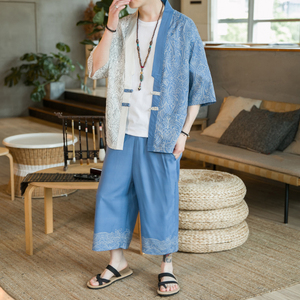 A3017*咖啡厅大码2021中国风拼色数码冰丝开衫套装汉服套装p90