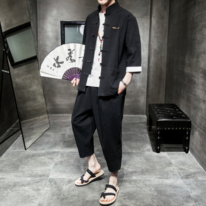 A718*初秋 2021 棉麻盘扣七分袖开衫T汉服套装p100图片