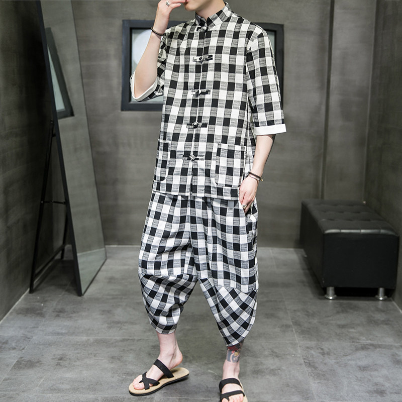 夏季2026风棉麻格子开衫套装汉服套装特价A3025-p60，男装休闲套装，钱塘7008(原4008)