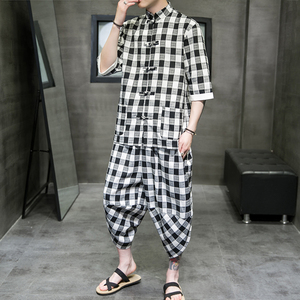夏季2026风 棉麻格子 开衫套装 汉服套装特价A3025-p60，男装休闲套装，钱塘7008(原4008)