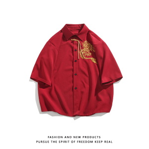 爆3色龙刺绣 防皱冰丝 夏2026 风 汉服短袖衬衫/衬衣A818-p68图片