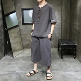 A1076*夏季男2021大码个性领刺绣祥云T恤+七分裤套装P85，男装休闲套装，钱塘7008(原4008)