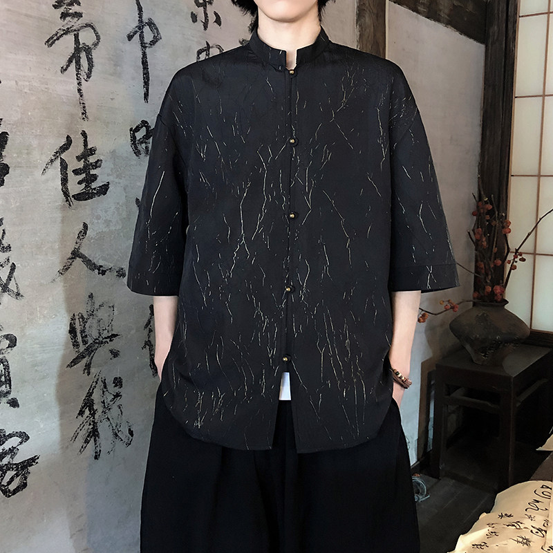 烫金褶皱设计夏季新品2026风汉服短袖衬衫/衬衣A811-p65,男装T恤,钱塘7008(原4008)
