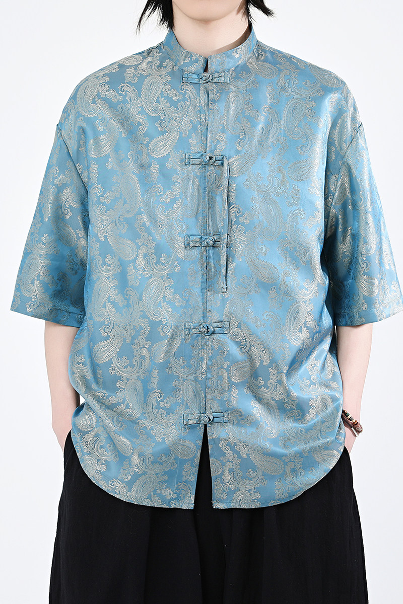 2色八角提花夏季新品2026风汉服短袖衬衫/衬衣A686-p48,男装T恤,钱塘7008(原4008)