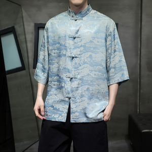 风 冰丝面料 山水款夏季2026新中式短袖衬衫/衬衣A622*p65图片