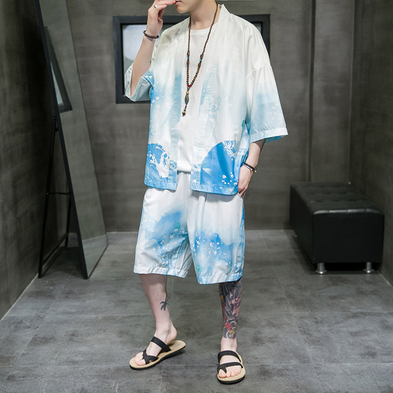 A3029*大码夏季男2021中国风沙滩 冰丝面料 d短袖汉服套装p80图片