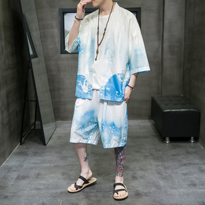 A3029*大码夏季男2021中国风沙滩 冰丝面料 d短袖汉服套装p80图片