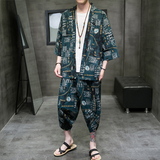 A3004*大码中国风沙滩3色棉麻印花开衫套装汉服套装p80，男装休闲套装，钱塘7008(原4008)
