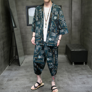 A3004*大码中国风 沙滩3色 棉麻印花 开衫套装 汉服套装p80图片