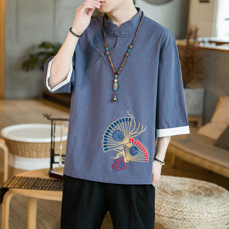 A3015咖啡厅中国风2021夏扇子刺绣斜扣设计短袖T恤p55,男装T恤,钱塘7008(原4008)