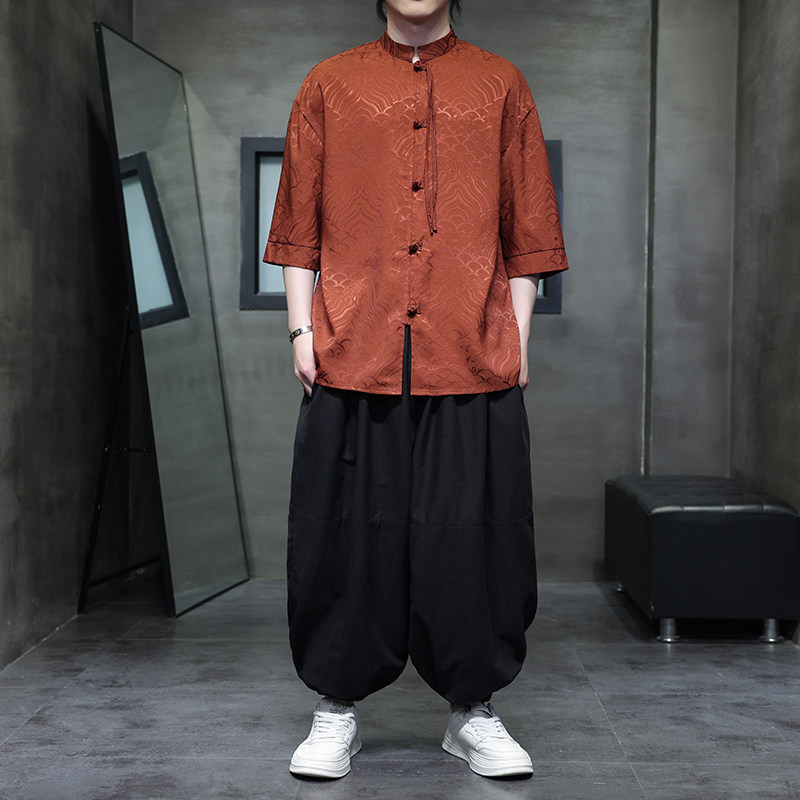 有货夏祥云2026冰丝2色风汉服短袖衬衫/衬衣A665-p65,男装T恤,钱塘7008(原4008)