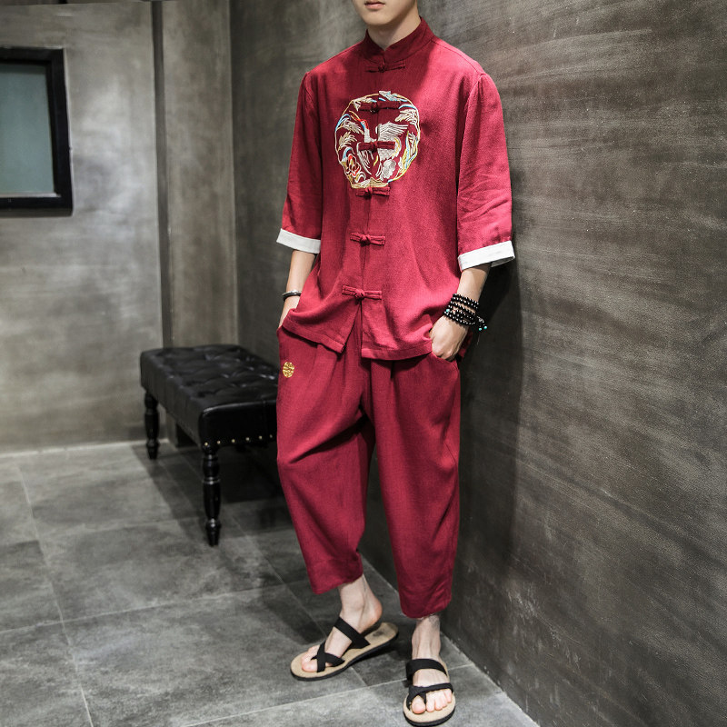 A733*夏季2021大码中国风刺绣款棉麻盘扣汉服套装p100，男装休闲套装，钱塘7008(原4008)
