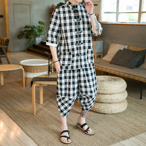 A3025*咖啡厅大码2021中国风 棉麻格子 开衫套装 汉服套装p95图片