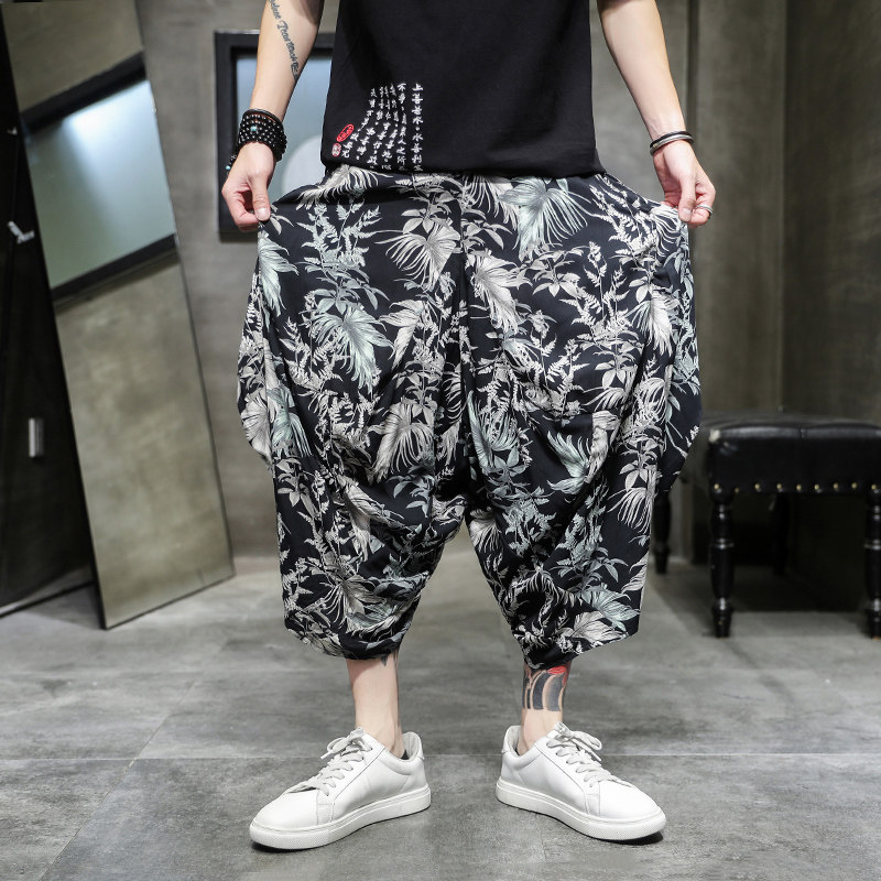 A1065新品垂感中国风2021夏款  树叶免烫大裤筒 宽松男九分裤P60图片