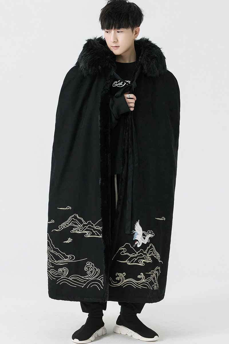 冬装汉服披风斗篷仙鹤刺绣保暖加绒毛领长款外套A330-P150,男装棉衣,钱塘7008(原4008)