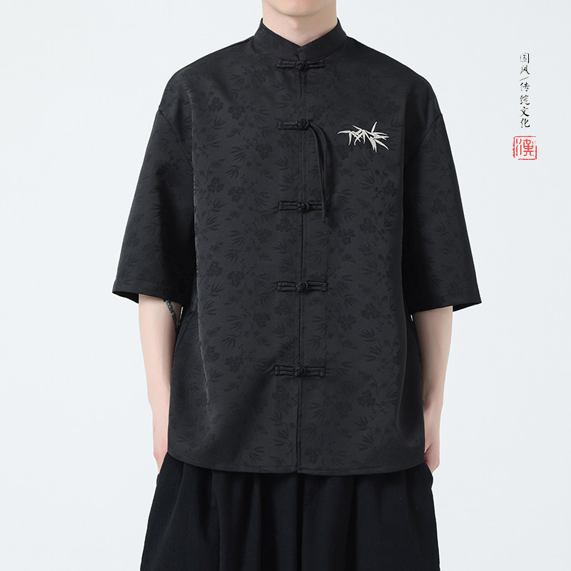 风冰丝醋酸刺绣款夏季2026新中式短袖衬衫/衬衣A631*p65,男装T恤,钱塘7008(原4008)