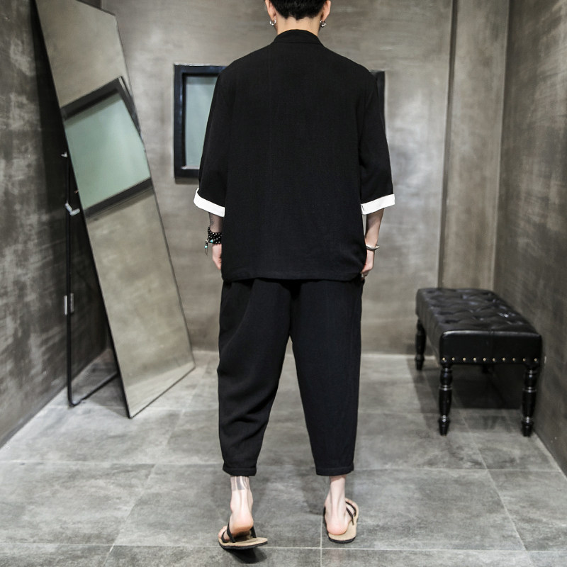 A733*夏2021大码中国风刺绣款棉麻盘扣汉服套装p100,男装休闲套装,钱塘7008(原4008)