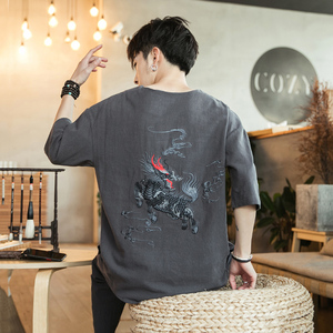 A722*咖啡厅中国风2021 麒麟刺绣棉麻 T恤+七分裤套装P100图片