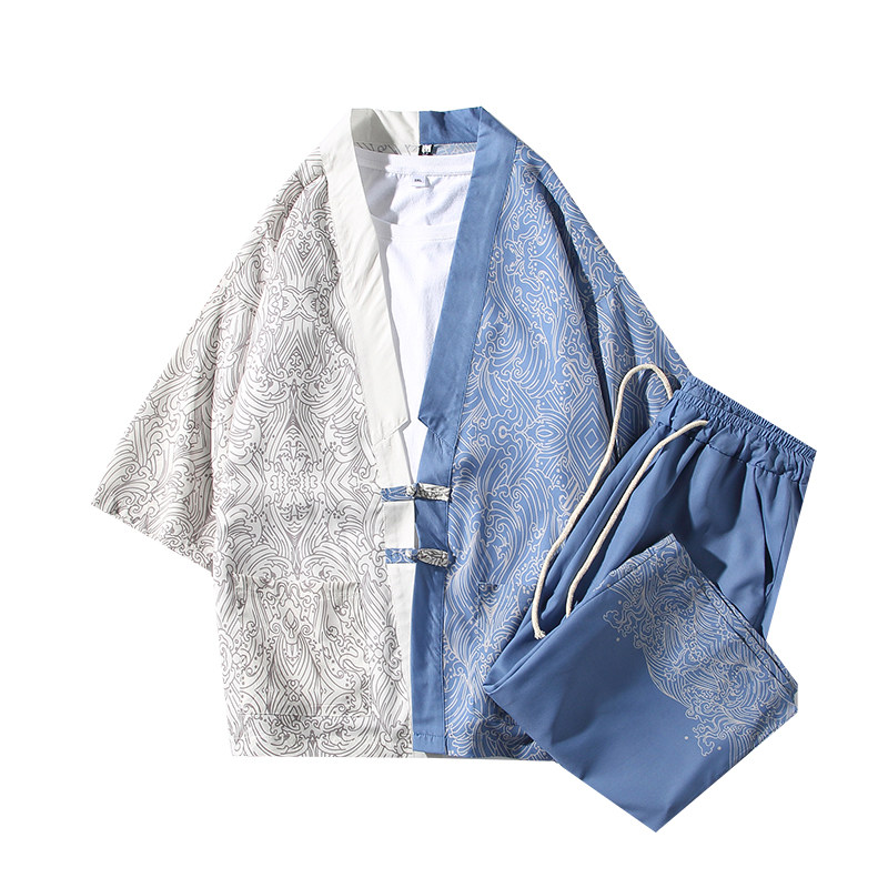 A3017*大码2021中国风对拼色数码印花冰丝开衫套装汉服套装p90,男装休闲套装,钱塘7008(原4008)