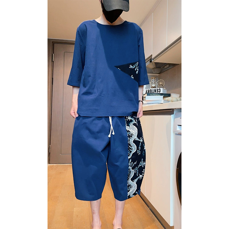 2026夏大码风棉麻龙花拼接短袖套装特特价A711-p50，男装T恤，钱塘7008(原4008)