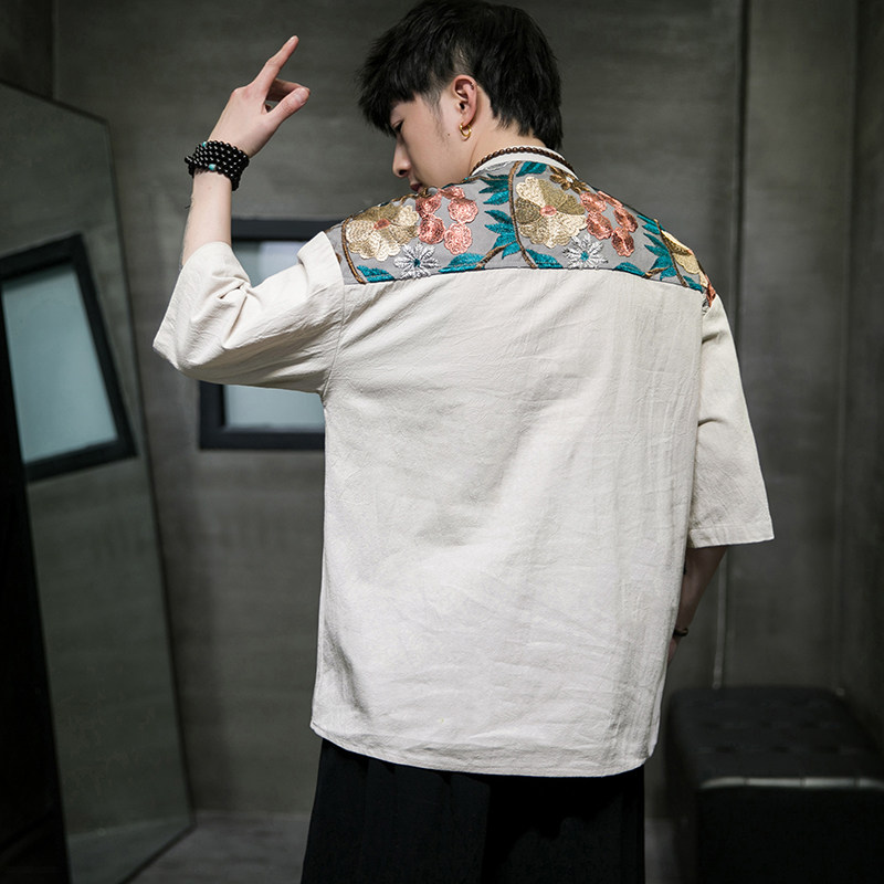 夏2026新中式拼花棉麻风汉服短袖衬衫/衬衣A866-p65,男装T恤,钱塘7008(原4008)