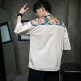 夏2026新中式拼花棉麻风汉服短袖衬衫/衬衣A866-p65，男装T恤，钱塘7008(原4008)