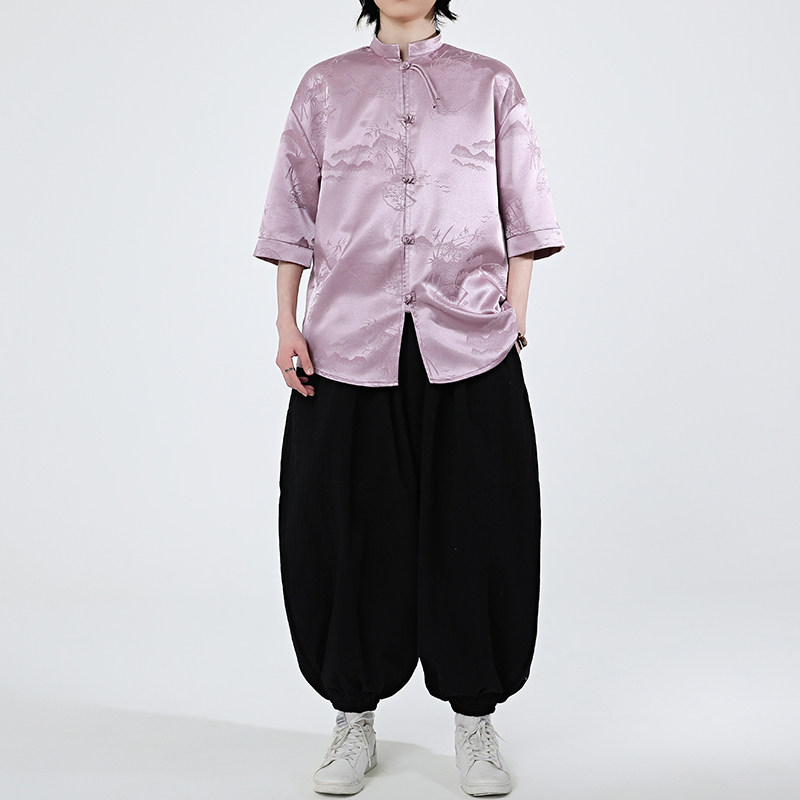 扇子提花夏季新品2025风汉服短袖衬衫/衬衣A679-p65,男装衬衫,钱塘7008(原4008)
