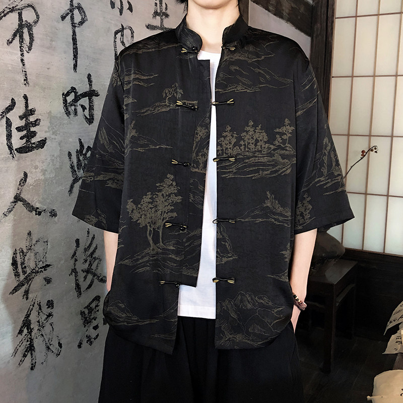 夏季新品2026风汉服短袖衬衫/衬衣A675-p65，男装T恤，钱塘7008(原4008)
