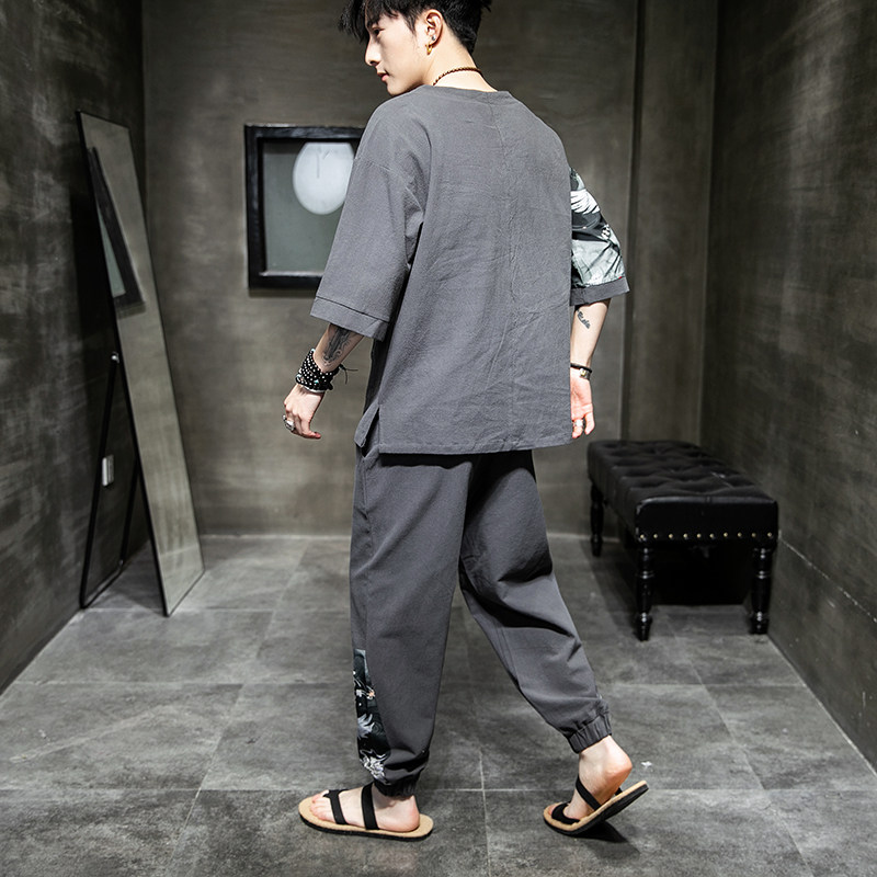 A1042*中国风2021贴布设计棉麻落肩短袖T恤+九分裤套装P100,男装休闲套装,钱塘7008(原4008)