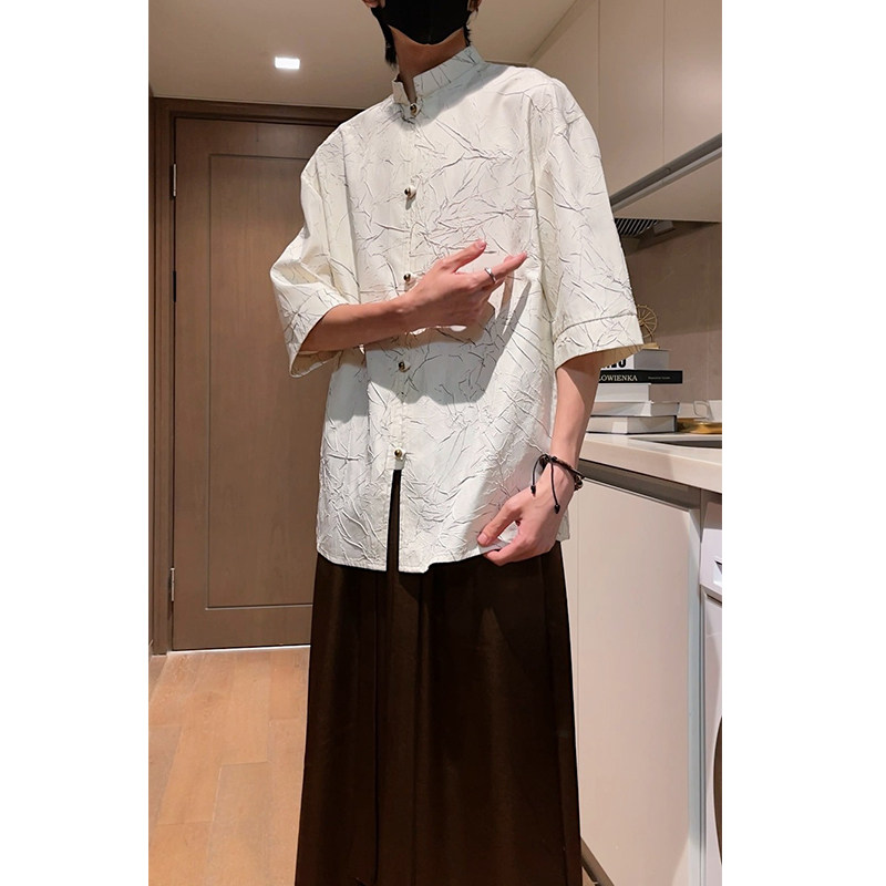烫金褶皱设计夏季新品2025风汉服短袖衬衫/衬衣A811-p65,男装T恤,钱塘7008(原4008)