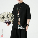 夏2026新中式拼花棉麻风汉服短袖衬衫/衬衣A866-p65，男装T恤，钱塘7008(原4008)