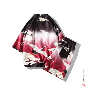 A3028*大码夏021中国风 冰丝套装 沙滩休闲仙鹤渐变 汉服套装p80图片