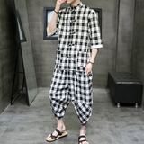 A3025*大码2021中国风棉麻格子开衫套装汉服套装p95，男装休闲套装，钱塘7008(原4008)