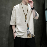 夏2026新中式拼花棉麻风汉服短袖衬衫/衬衣A866-p65，男装T恤，钱塘7008(原4008)