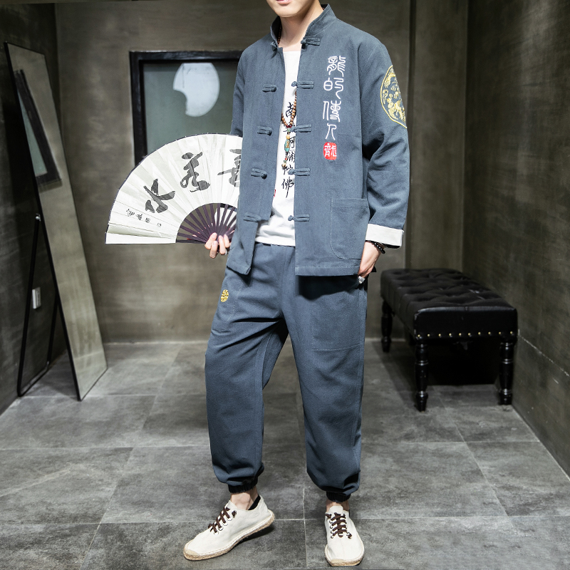 A1003大码中国风2021秋冬龙的传人棉麻盘扣/唐装/汉服套装P135，男装民族服装，钱塘7008(原4008)