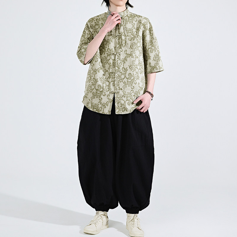 新品夏2026红色提花3色风汉服短袖衬衫/衬衣A672-p65,男装T恤,钱塘7008(原4008)