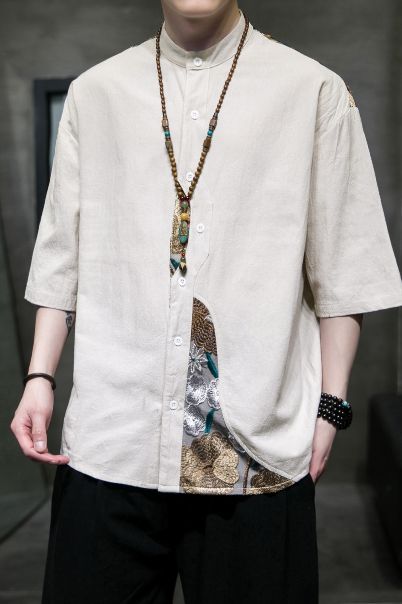 夏2026新中式拼花棉麻风汉服短袖衬衫/衬衣A866-p65,男装T恤,钱塘7008(原4008)