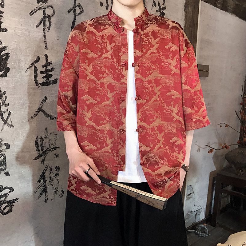 仙鹤提花夏季新品2026风汉服短袖衬衫/衬衣A678-p65，男装T恤，钱塘7008(原4008)