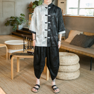 A3019*咖啡厅2021中国风夏季男 大龙面料 冰丝拼色 汉服套装p90图片