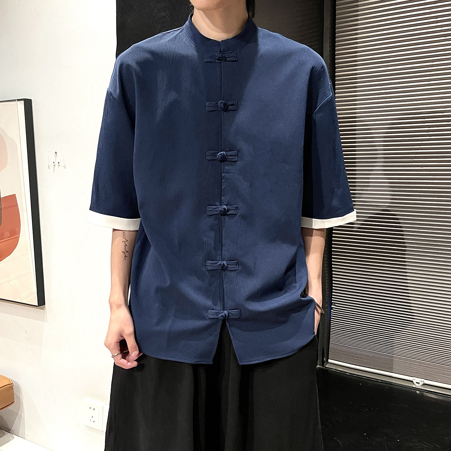 5色夏季2025冰丝抗皱盘扣男短袖衬衫/衬衣A8001*p40,男装T恤,钱塘7008(原4008)