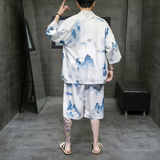 A3021*大码男中国风沙滩休闲冰丝面料汉服套装p80，男装休闲套装，钱塘7008(原4008)