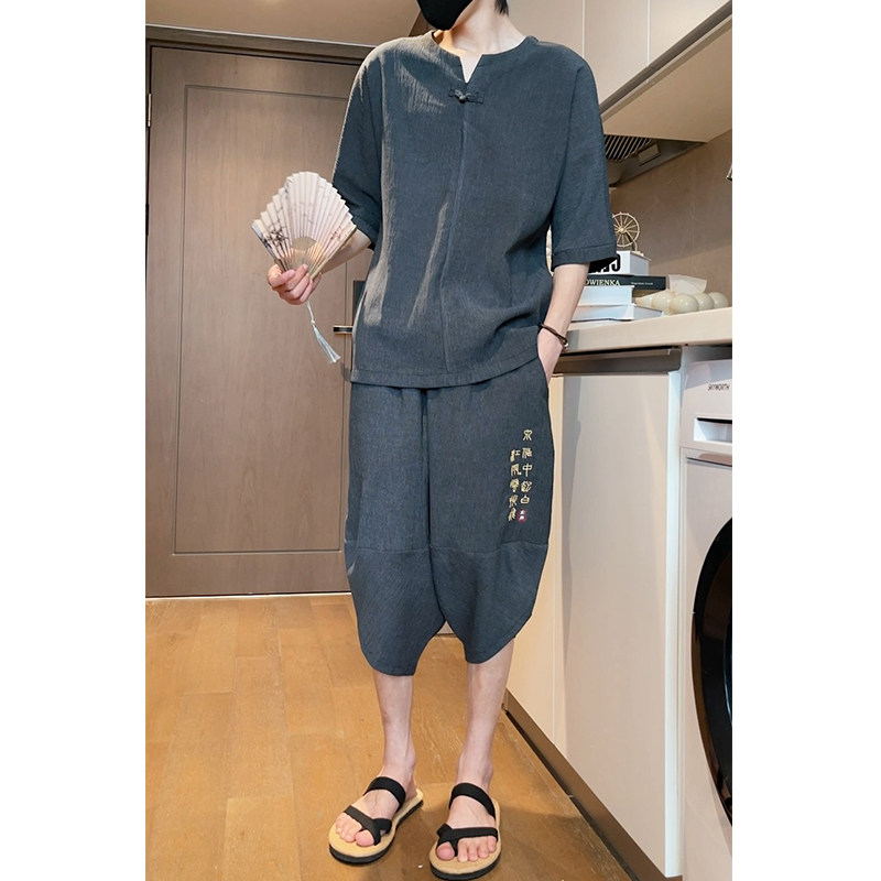 风夏季2026冰丝树皮皱T恤+七分裤哈伦裤套装特价A3002-P70,男装牛仔裤,钱塘7008(原4008)