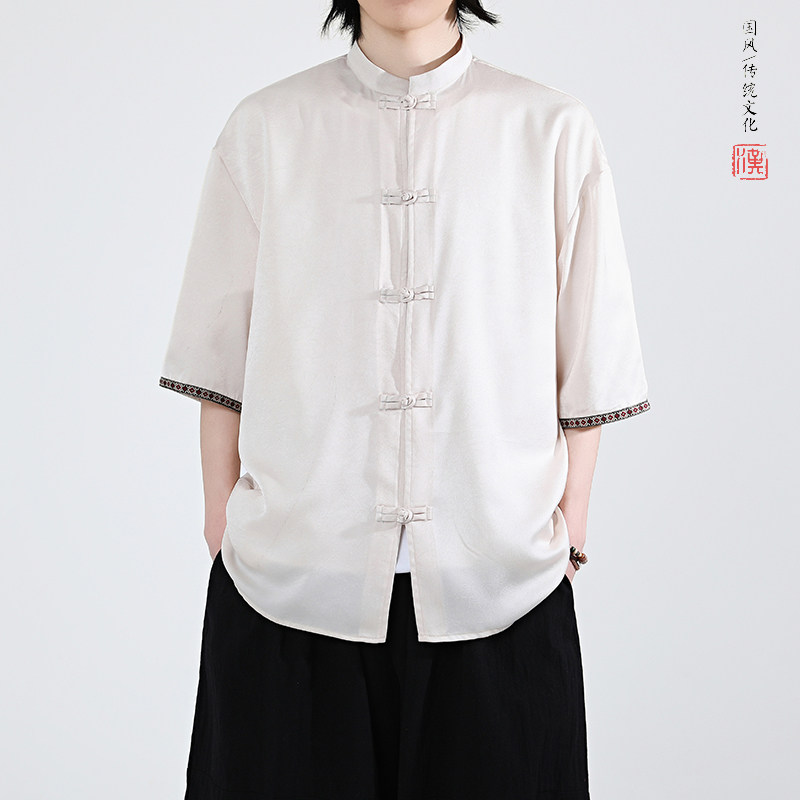 新品夏2026 防皱冰丝3色 风 汉服短袖衬衫/衬衣A670-p60图片