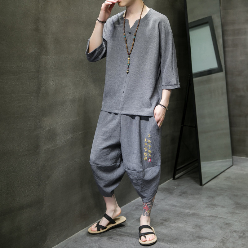 风夏季2023冰丝树皮皱T恤+七分裤哈伦裤套装A3002-P85,男装休闲套装,钱塘7008(原4008)