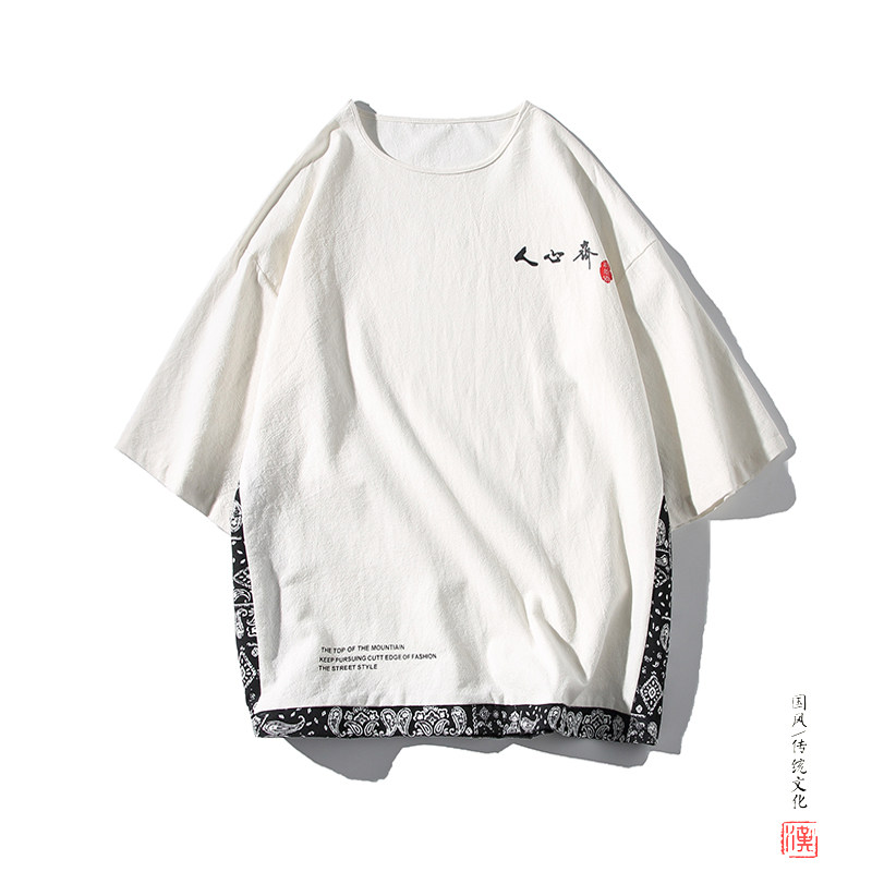 A3013中国风2021夏新品 八角花拼色 人心齐 圆领假两件短袖T恤p50图片