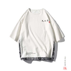 A3013中国风2021夏新品 八角花拼色 人心齐 圆领假两件短袖T恤p50图片