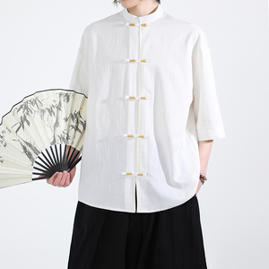 跑量竹节仿麻百搭单色 夏2026 风 汉服短袖衬衫/衬衣A810-p45图片